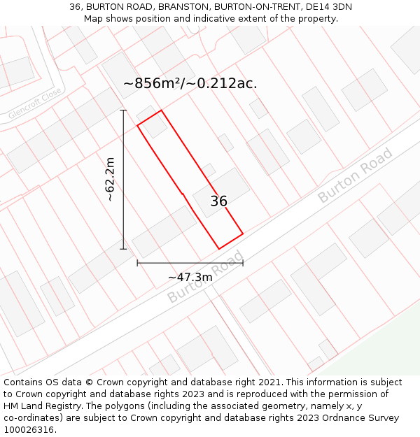 36, BURTON ROAD, BRANSTON, BURTON-ON-TRENT, DE14 3DN: Plot and title map