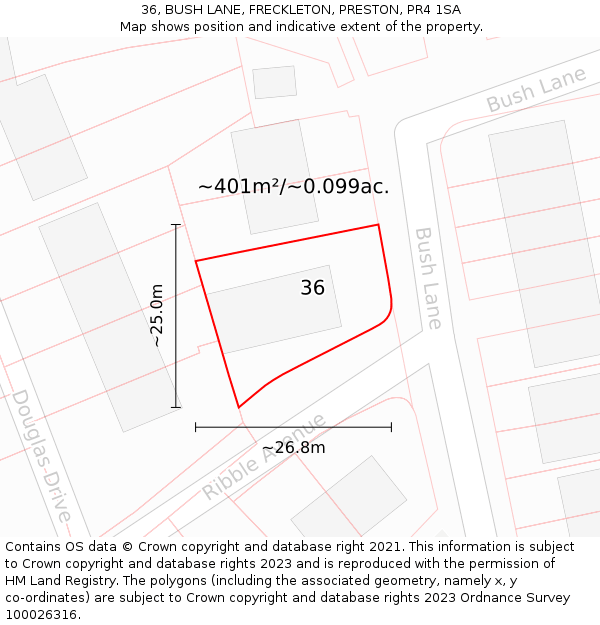 36, BUSH LANE, FRECKLETON, PRESTON, PR4 1SA: Plot and title map
