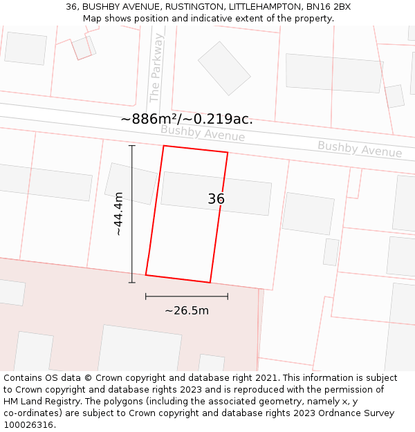 36, BUSHBY AVENUE, RUSTINGTON, LITTLEHAMPTON, BN16 2BX: Plot and title map