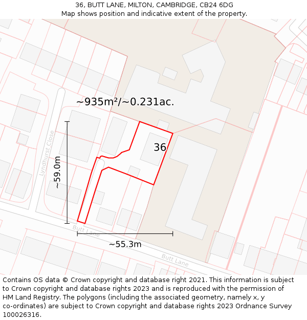 36, BUTT LANE, MILTON, CAMBRIDGE, CB24 6DG: Plot and title map