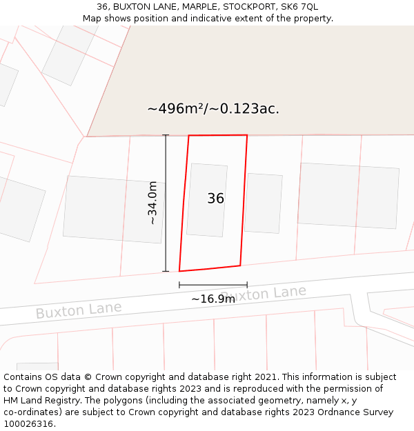 36, BUXTON LANE, MARPLE, STOCKPORT, SK6 7QL: Plot and title map