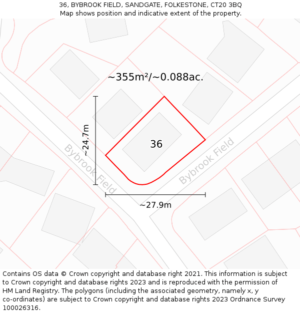 36, BYBROOK FIELD, SANDGATE, FOLKESTONE, CT20 3BQ: Plot and title map