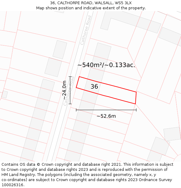 36, CALTHORPE ROAD, WALSALL, WS5 3LX: Plot and title map