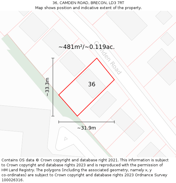 36, CAMDEN ROAD, BRECON, LD3 7RT: Plot and title map