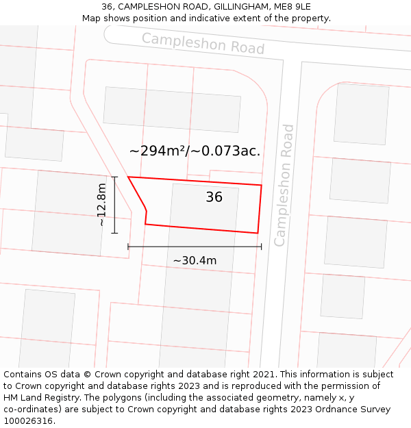36, CAMPLESHON ROAD, GILLINGHAM, ME8 9LE: Plot and title map