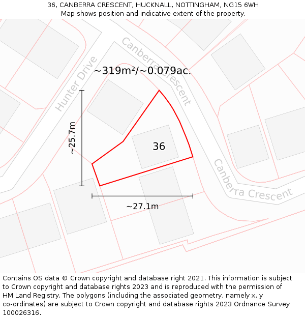 36, CANBERRA CRESCENT, HUCKNALL, NOTTINGHAM, NG15 6WH: Plot and title map