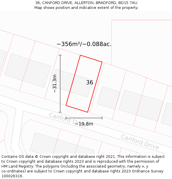 36, CANFORD DRIVE, ALLERTON, BRADFORD, BD15 7AU: Plot and title map