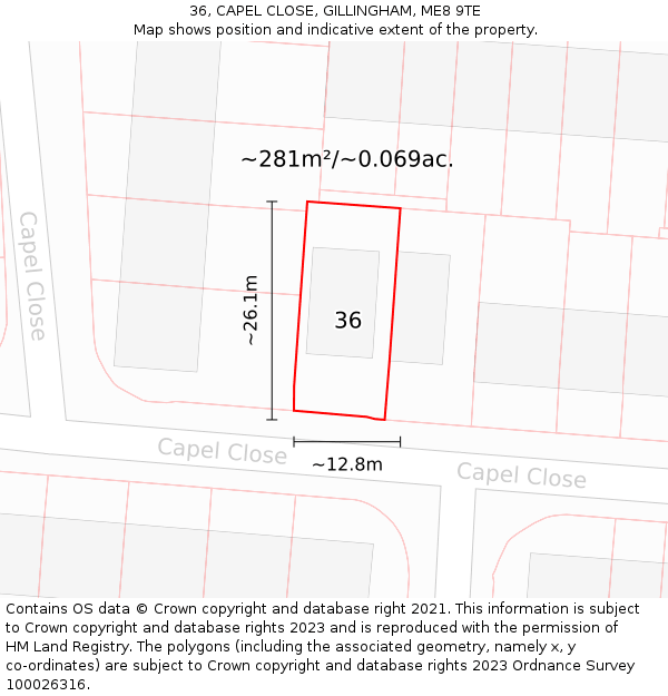 36, CAPEL CLOSE, GILLINGHAM, ME8 9TE: Plot and title map