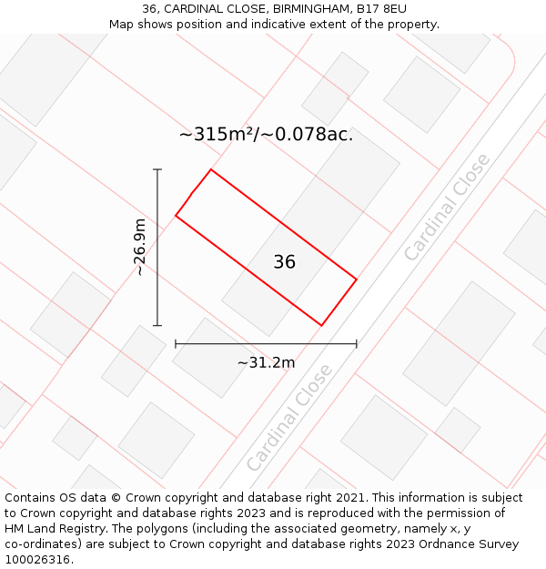 36, CARDINAL CLOSE, BIRMINGHAM, B17 8EU: Plot and title map