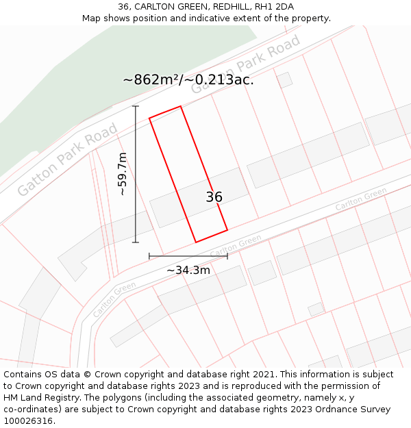 36, CARLTON GREEN, REDHILL, RH1 2DA: Plot and title map