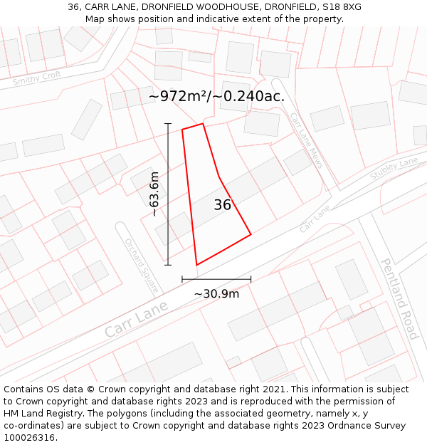 36, CARR LANE, DRONFIELD WOODHOUSE, DRONFIELD, S18 8XG: Plot and title map