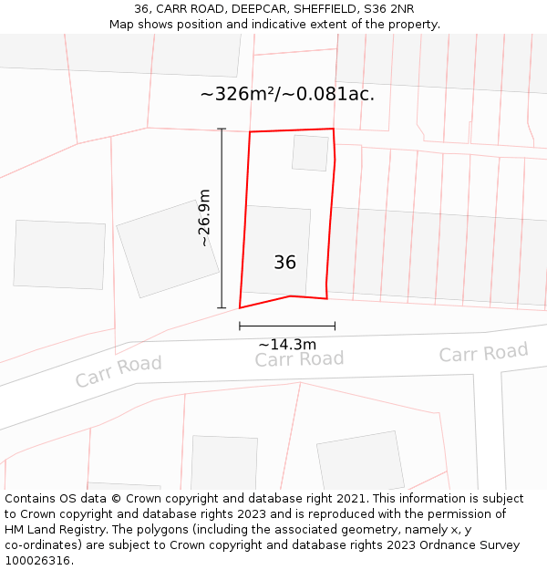 36, CARR ROAD, DEEPCAR, SHEFFIELD, S36 2NR: Plot and title map