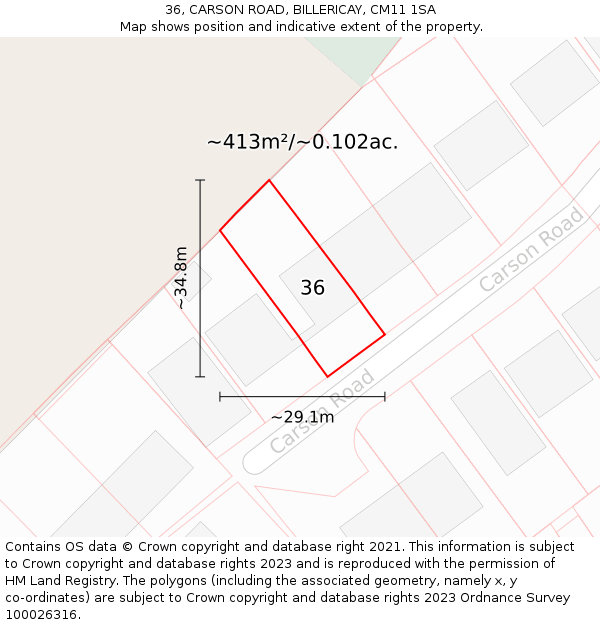 36, CARSON ROAD, BILLERICAY, CM11 1SA: Plot and title map
