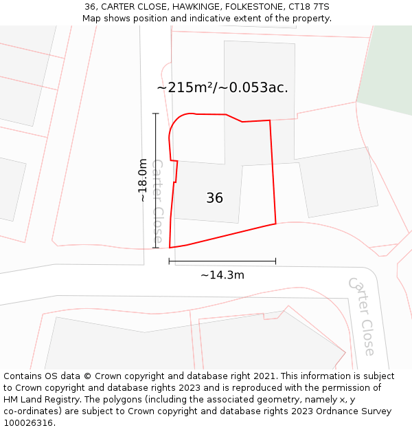 36, CARTER CLOSE, HAWKINGE, FOLKESTONE, CT18 7TS: Plot and title map