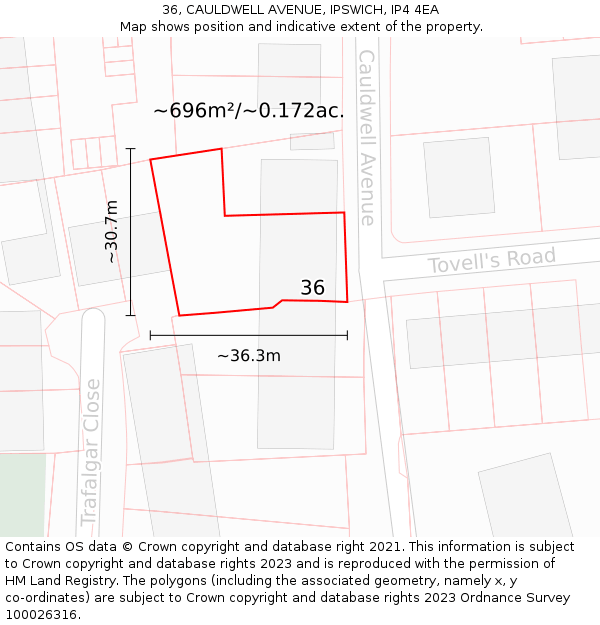 36, CAULDWELL AVENUE, IPSWICH, IP4 4EA: Plot and title map