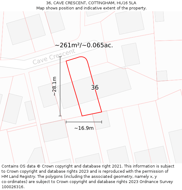 36, CAVE CRESCENT, COTTINGHAM, HU16 5LA: Plot and title map
