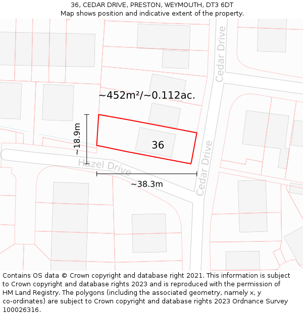 36, CEDAR DRIVE, PRESTON, WEYMOUTH, DT3 6DT: Plot and title map