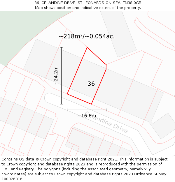 36, CELANDINE DRIVE, ST LEONARDS-ON-SEA, TN38 0GB: Plot and title map