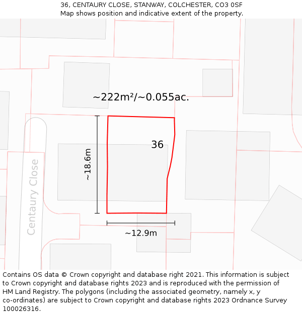 36, CENTAURY CLOSE, STANWAY, COLCHESTER, CO3 0SF: Plot and title map