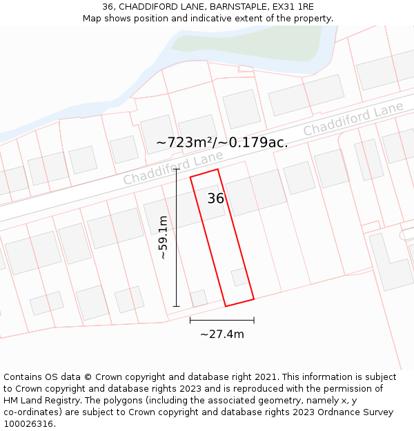 36, CHADDIFORD LANE, BARNSTAPLE, EX31 1RE: Plot and title map