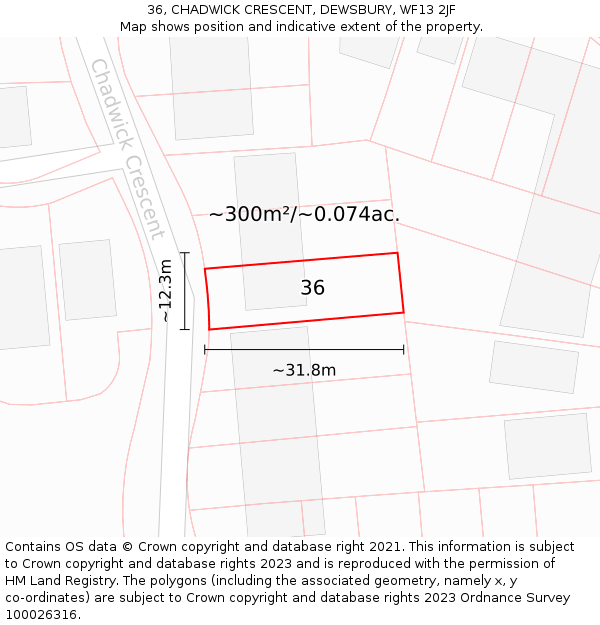 36, CHADWICK CRESCENT, DEWSBURY, WF13 2JF: Plot and title map