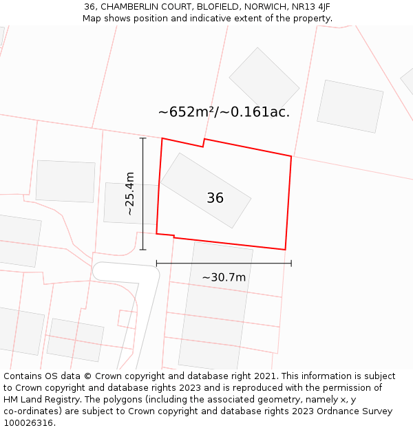 36, CHAMBERLIN COURT, BLOFIELD, NORWICH, NR13 4JF: Plot and title map