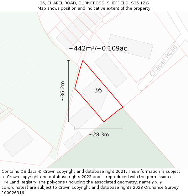 36, CHAPEL ROAD, BURNCROSS, SHEFFIELD, S35 1ZG: Plot and title map
