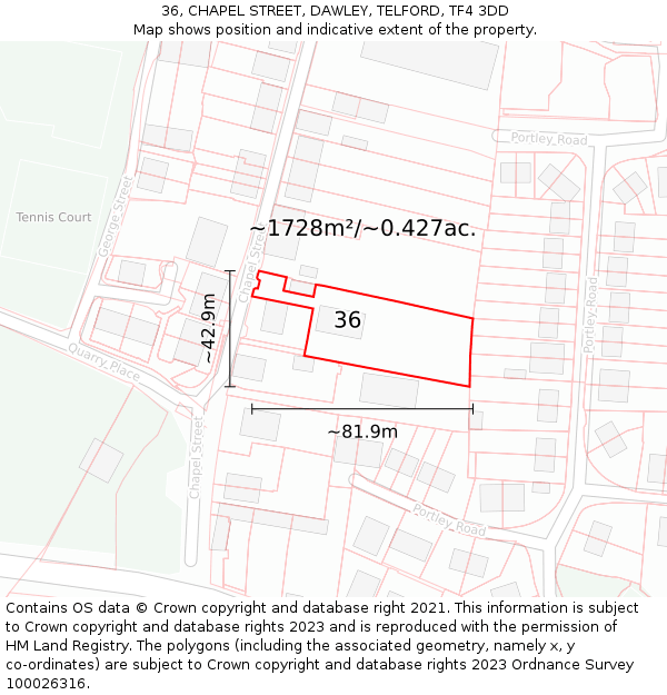 36, CHAPEL STREET, DAWLEY, TELFORD, TF4 3DD: Plot and title map