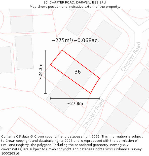 36, CHAPTER ROAD, DARWEN, BB3 3PU: Plot and title map