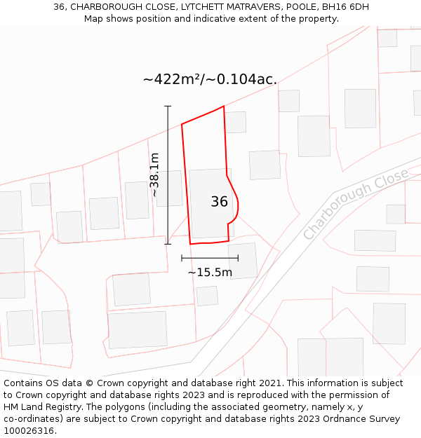 36, CHARBOROUGH CLOSE, LYTCHETT MATRAVERS, POOLE, BH16 6DH: Plot and title map