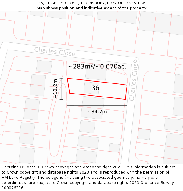 36, CHARLES CLOSE, THORNBURY, BRISTOL, BS35 1LW: Plot and title map