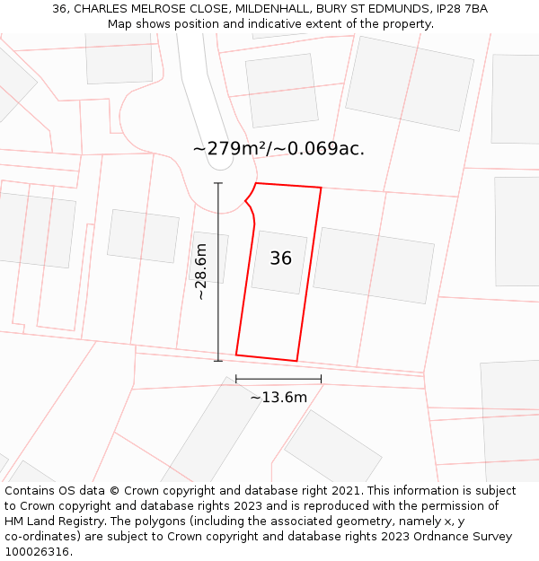 36, CHARLES MELROSE CLOSE, MILDENHALL, BURY ST EDMUNDS, IP28 7BA: Plot and title map
