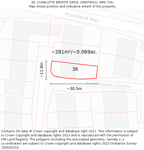 36, CHARLOTTE BRONTE DRIVE, DROITWICH, WR9 7HU: Plot and title map