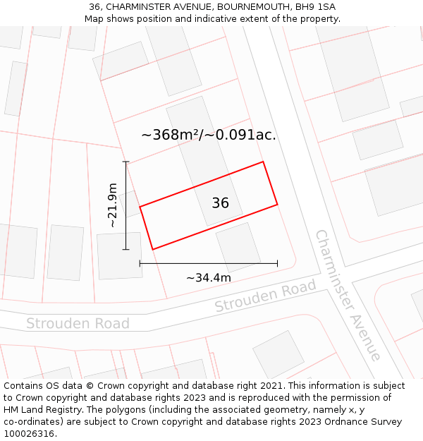 36, CHARMINSTER AVENUE, BOURNEMOUTH, BH9 1SA: Plot and title map