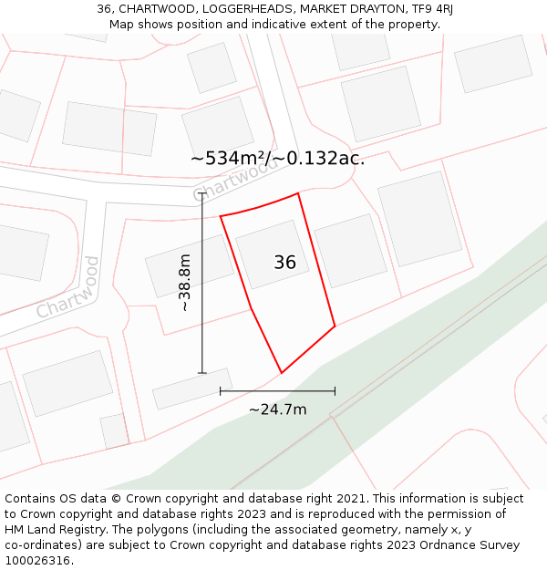 36, CHARTWOOD, LOGGERHEADS, MARKET DRAYTON, TF9 4RJ: Plot and title map
