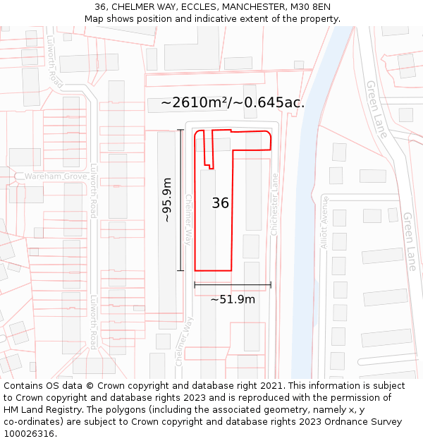 36, CHELMER WAY, ECCLES, MANCHESTER, M30 8EN: Plot and title map