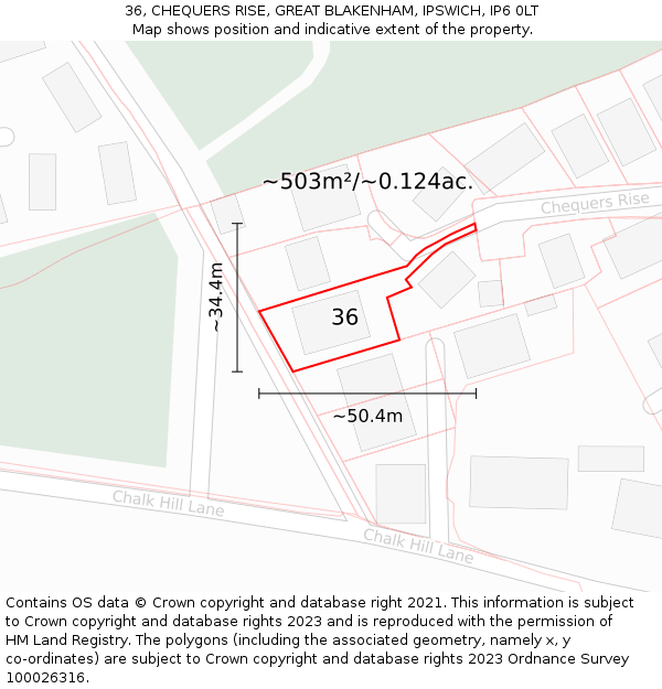 36, CHEQUERS RISE, GREAT BLAKENHAM, IPSWICH, IP6 0LT: Plot and title map