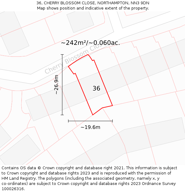 36, CHERRY BLOSSOM CLOSE, NORTHAMPTON, NN3 9DN: Plot and title map