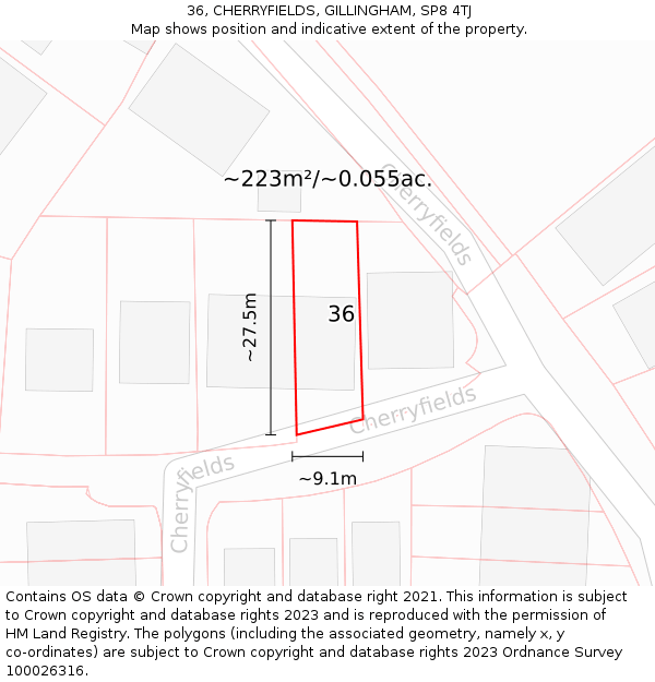 36, CHERRYFIELDS, GILLINGHAM, SP8 4TJ: Plot and title map