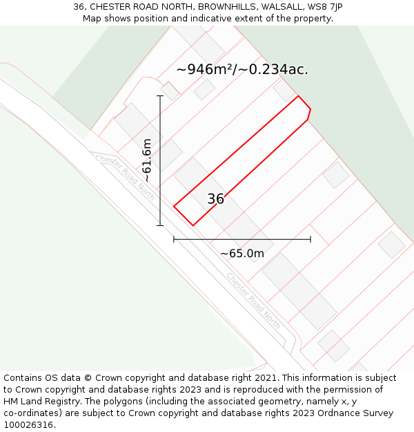 36, CHESTER ROAD NORTH, BROWNHILLS, WALSALL, WS8 7JP: Plot and title map