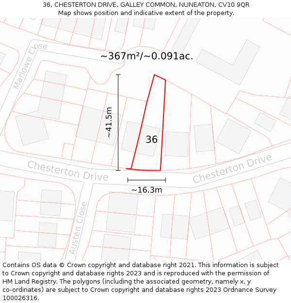 36, CHESTERTON DRIVE, GALLEY COMMON, NUNEATON, CV10 9QR: Plot and title map