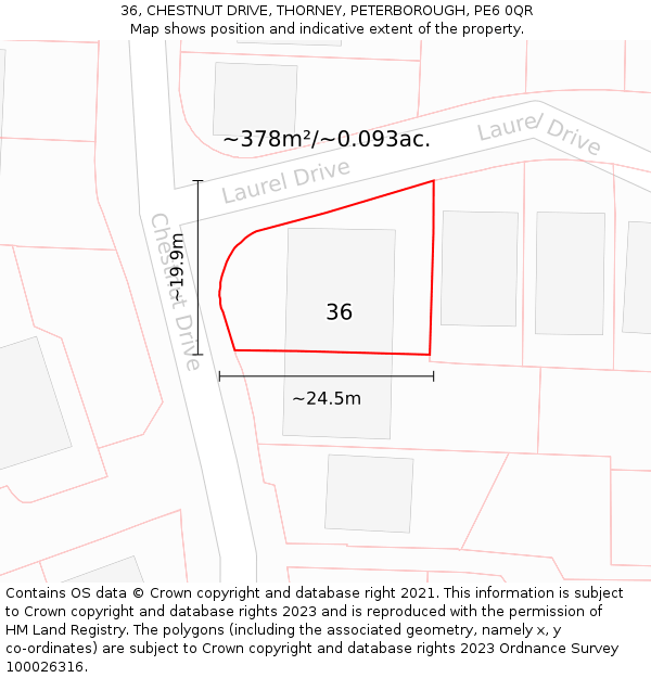 36, CHESTNUT DRIVE, THORNEY, PETERBOROUGH, PE6 0QR: Plot and title map