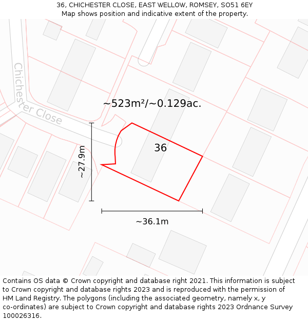 36, CHICHESTER CLOSE, EAST WELLOW, ROMSEY, SO51 6EY: Plot and title map