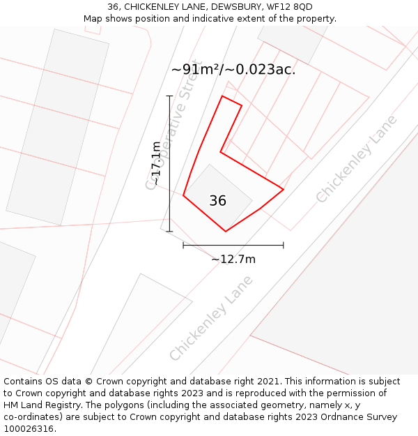 36, CHICKENLEY LANE, DEWSBURY, WF12 8QD: Plot and title map