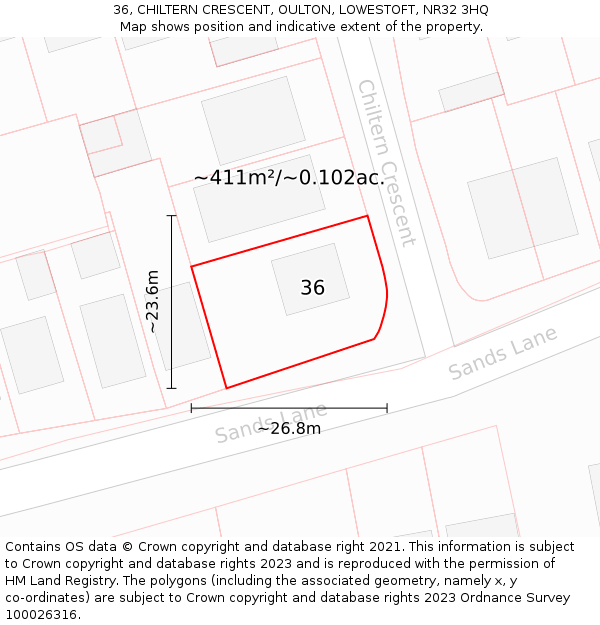 36, CHILTERN CRESCENT, OULTON, LOWESTOFT, NR32 3HQ: Plot and title map