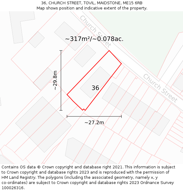 36, CHURCH STREET, TOVIL, MAIDSTONE, ME15 6RB: Plot and title map