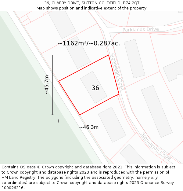 36, CLARRY DRIVE, SUTTON COLDFIELD, B74 2QT: Plot and title map