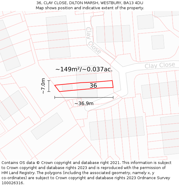 36, CLAY CLOSE, DILTON MARSH, WESTBURY, BA13 4DU: Plot and title map