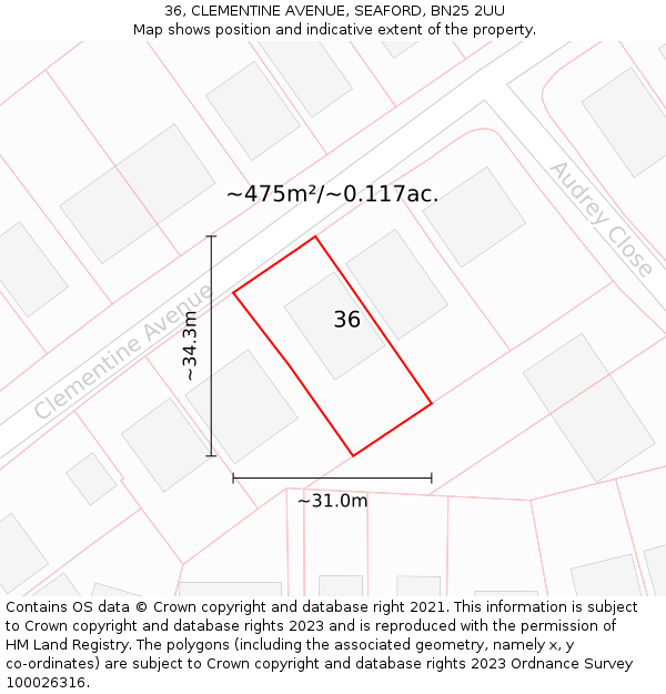 36, CLEMENTINE AVENUE, SEAFORD, BN25 2UU: Plot and title map