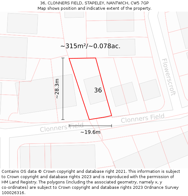 36, CLONNERS FIELD, STAPELEY, NANTWICH, CW5 7GP: Plot and title map